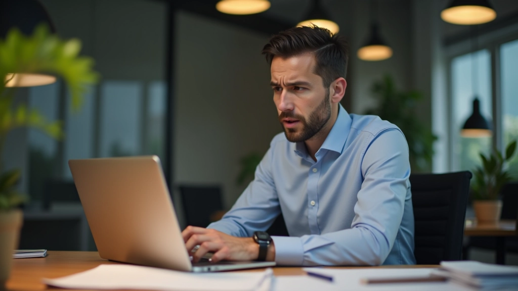 Person at desk looking stressed with scattered papers and multiple windows open on computer screen