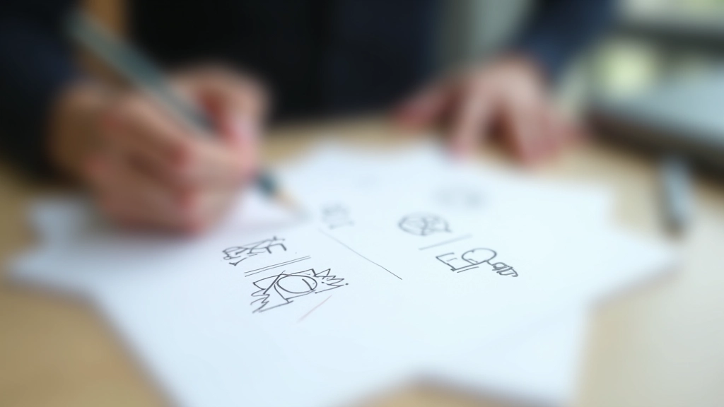 Handwritten notes and sketches on paper showing rough draft and brainstorming process